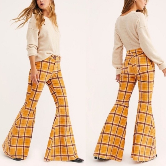 FREE PEOPLE Plaid Float On Flare Corduroy Pants - Picture 1 of 4